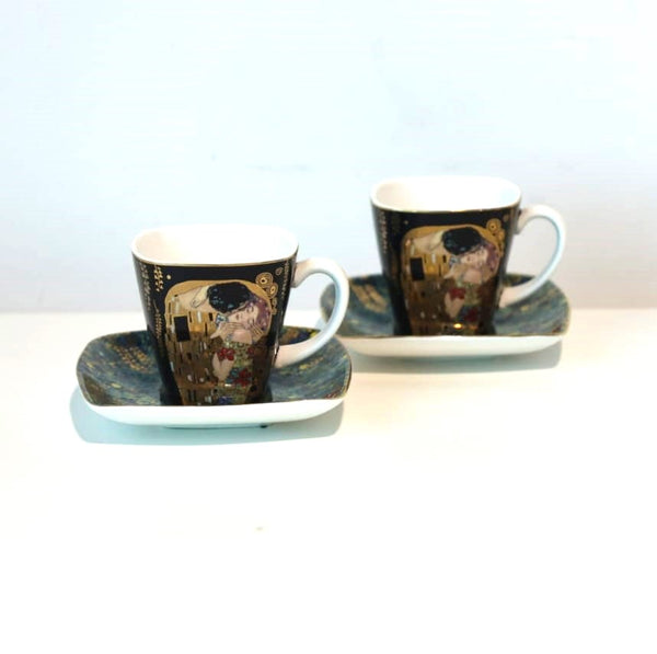 Handmade Coffee cup set cups & saucer ''Klimt the Kiss famous German design'' Set of 2'' made in Germany