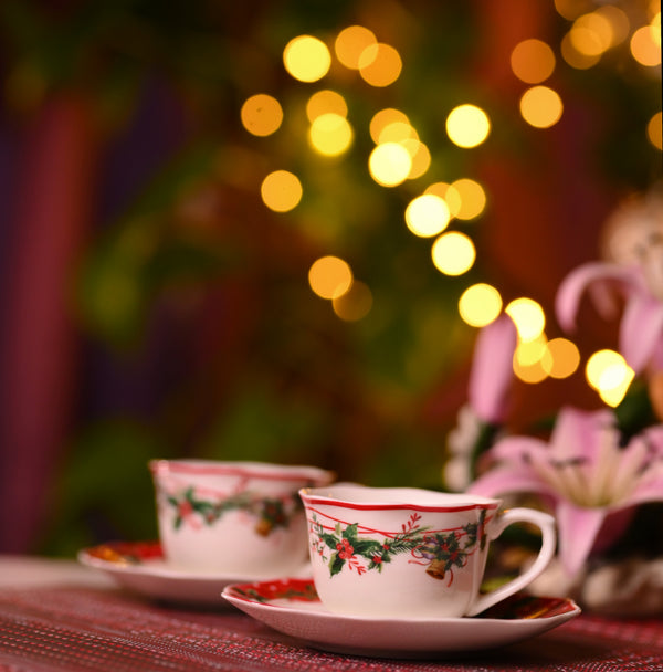 Handmade Christmas porcelain coffee cups & saucers ( set of 2) made in Italy.