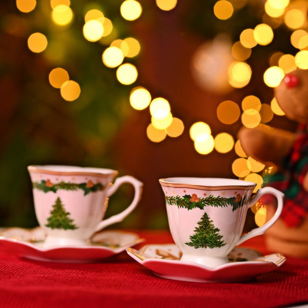 Handmade Christmas Tree Porcelain Coffee Cups and Saucer (Set of 2) made in Italy